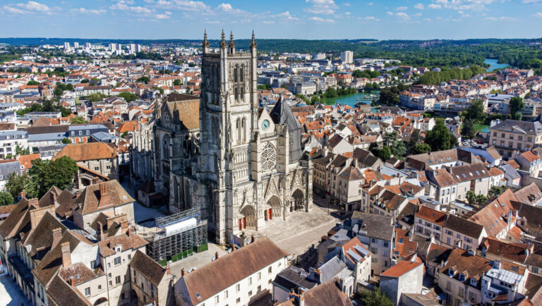 Aerial view of Saint Etienne Cathedral in Meaux, near the Marne River in Seine et Marne,
