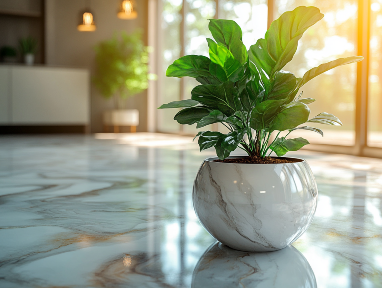 sol en marbre dans un intérieur moderne, focus sur le sol, plante au premier plan 2