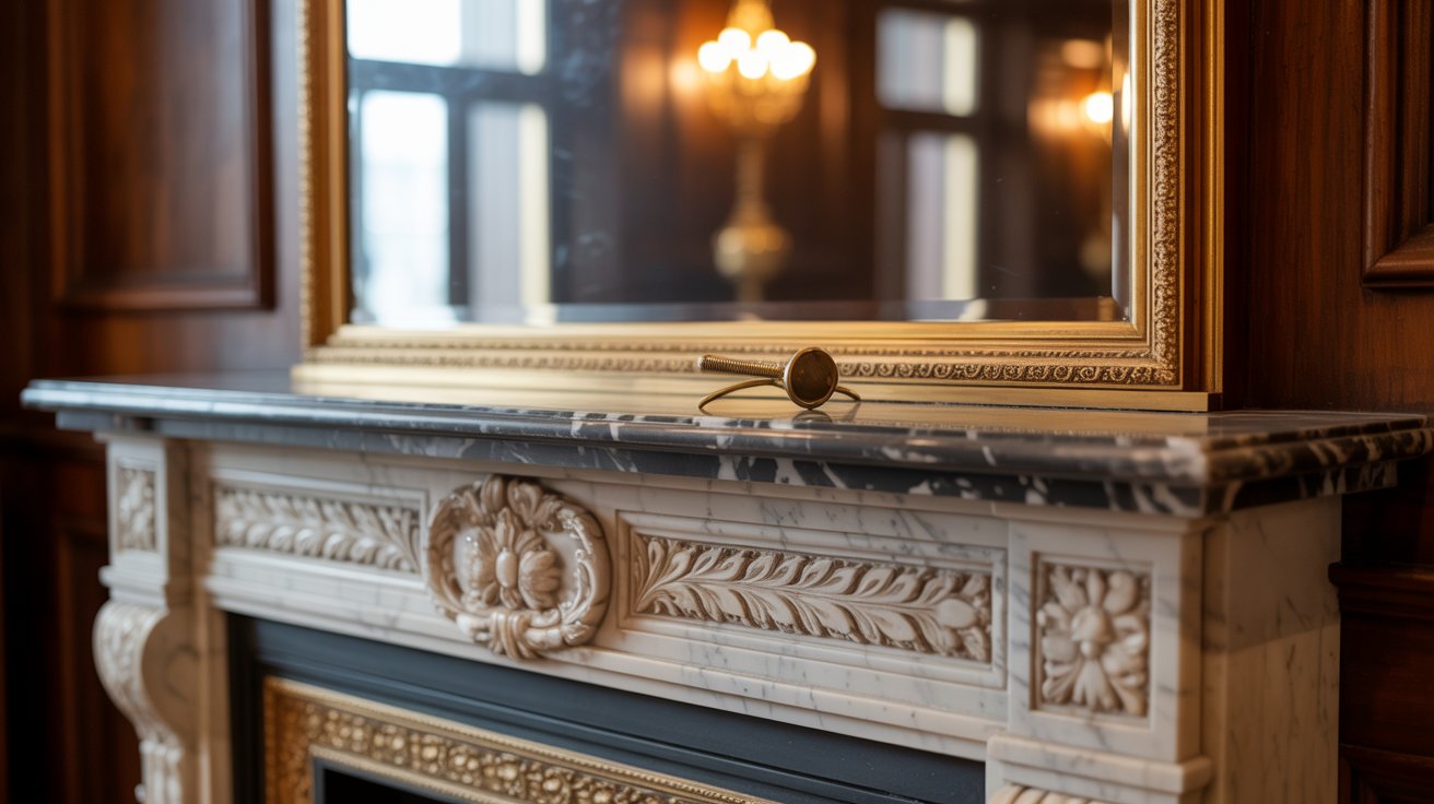 Réparation d'un éclat sur une cheminée en marbre près de la Place des Vosges.