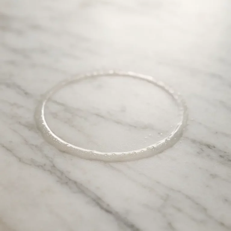 Gros plan d'une auréole d'eau sur un plan de travail en marbre élégant. Photographie réaliste, lumineuse et professionnelle.