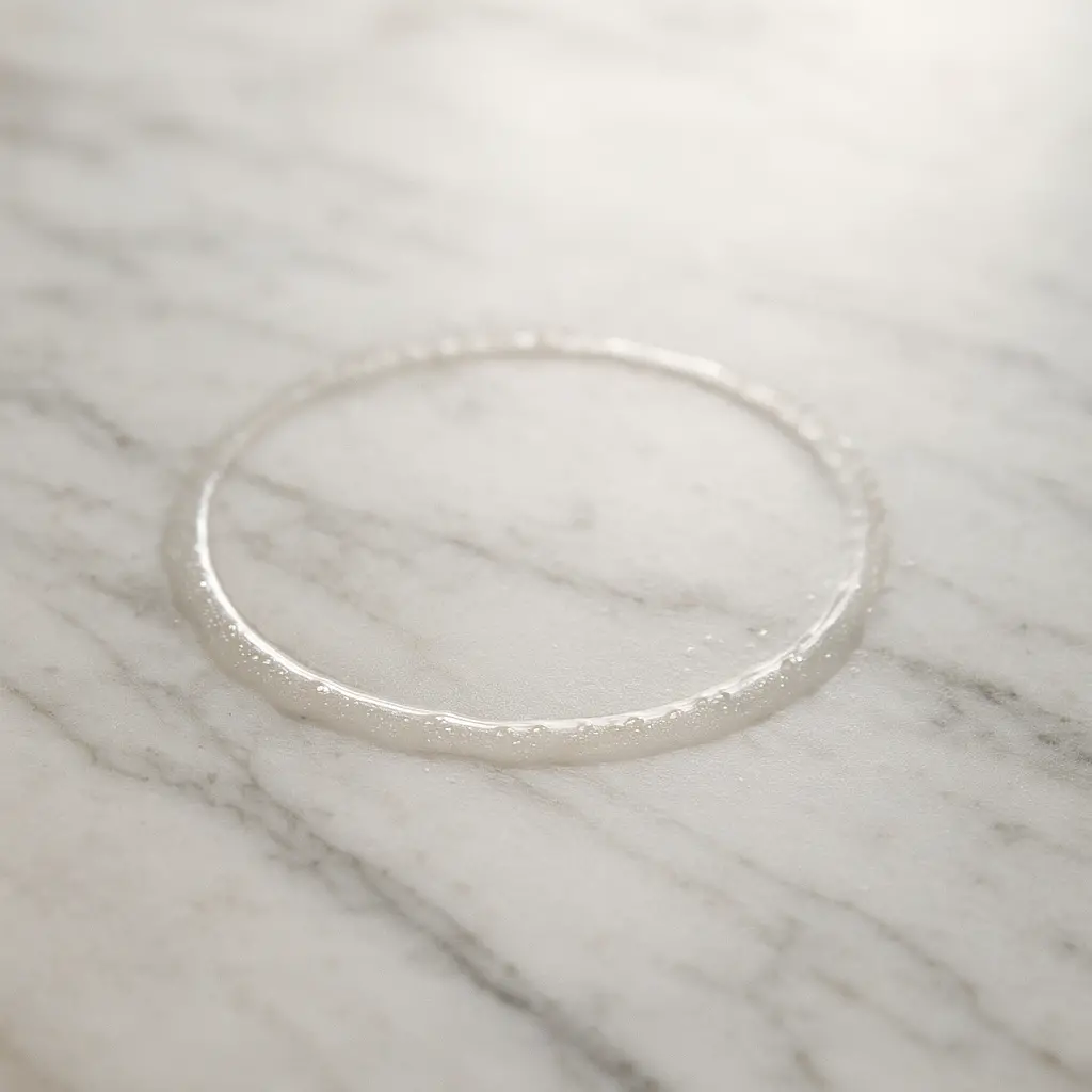 Gros plan d'une auréole d'eau sur un plan de travail en marbre élégant. Photographie réaliste, lumineuse et professionnelle.