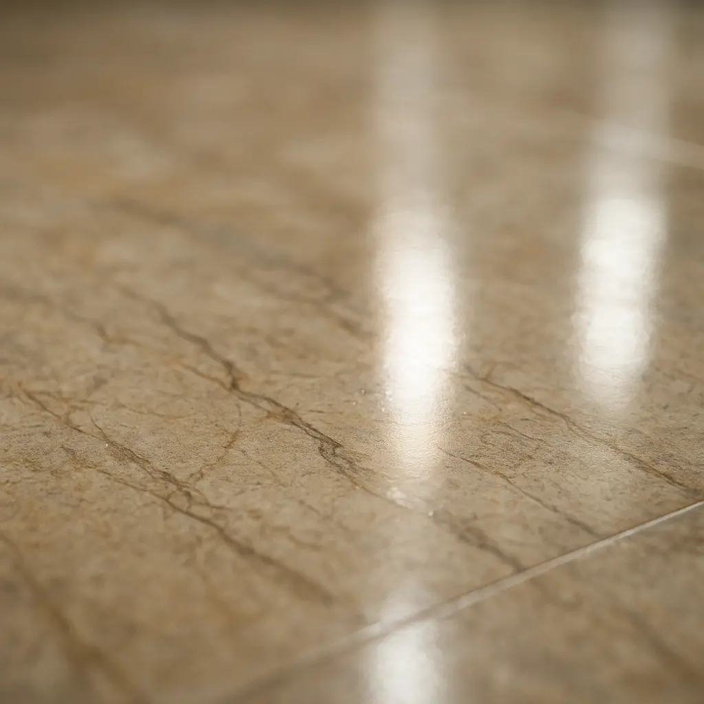 Reflet de la lumière sur un sol en pierre naturelle fraîchement poli et brillant.