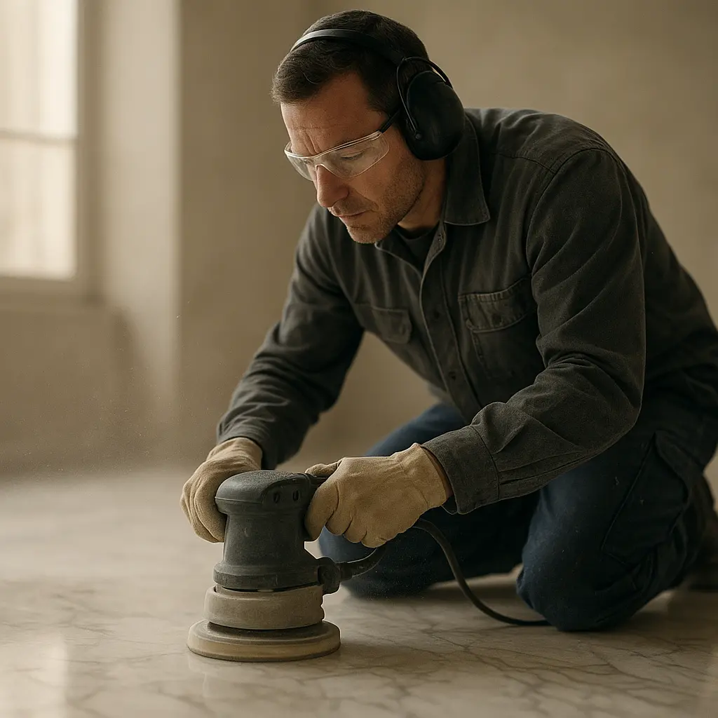 Un artisan professionnel ponçant un sol en marbre avec une machine spécialisée.