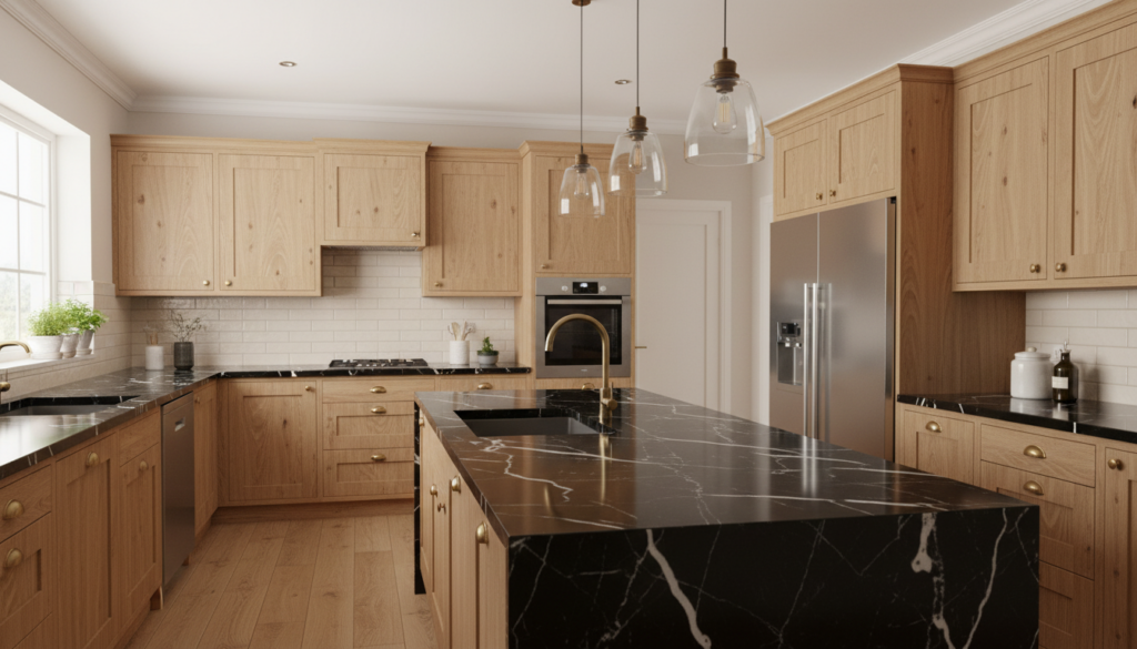 Une cuisine en bois avec un plan de travail en marbre noir veiné de blanc nero MARQUINA