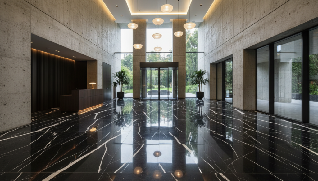 Une hall d'entrée avec un sol en marbre nero MARQUINA