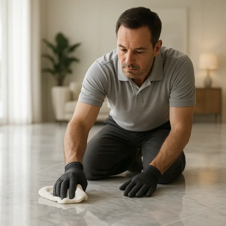 Artisan en train de lustrer un sol en marbre brillant dans un intérieur élégant, ambiance propre, professionnelle et haut de gamme