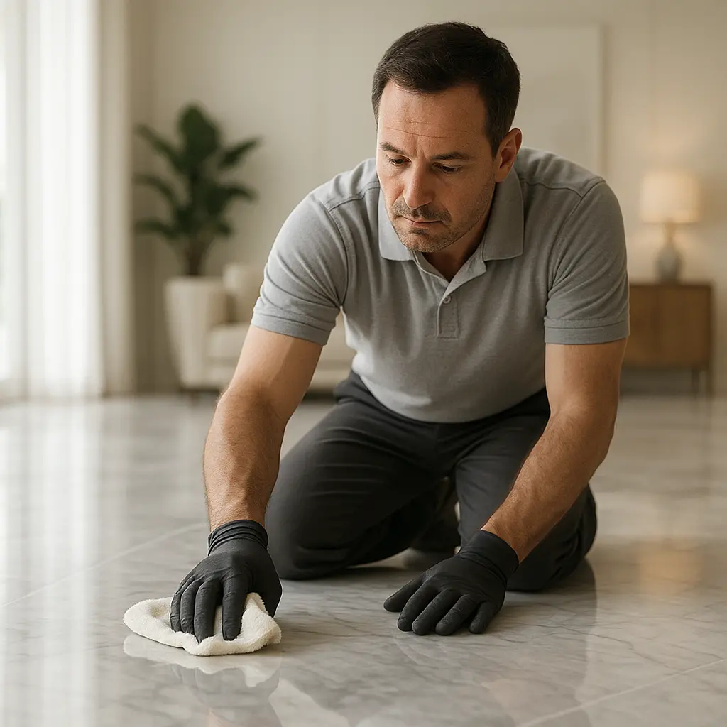 Artisan en train de lustrer un sol en marbre brillant dans un intérieur élégant, ambiance propre, professionnelle et haut de gamme