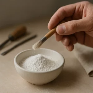 Gros plan réaliste d’une poudre de marbre blanche versée dans une coupelle, avec une main d’artisan et des outils sobres.