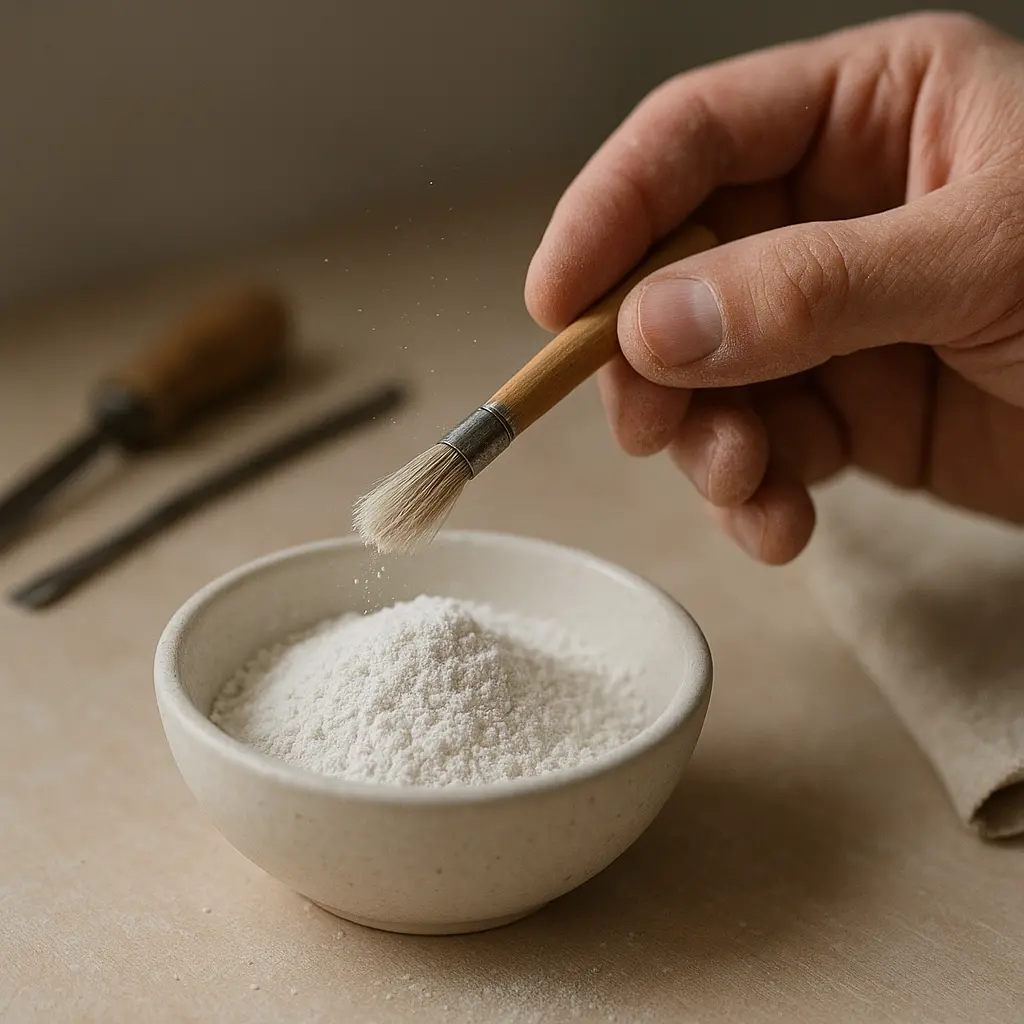 Gros plan réaliste d’une poudre de marbre blanche versée dans une coupelle, avec une main d’artisan et des outils sobres.