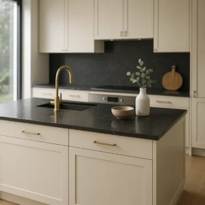 Cuisine moderne élégante avec îlot en marbre noir, lumière naturelle, finitions raffinées, ambiance haut de gamme et réaliste.