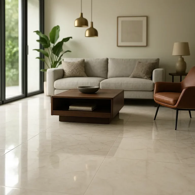 Intérieur moderne avec carrelage effet marbre brillant, lumière naturelle, ambiance élégante, contrastant raffinement et aspect pratique.