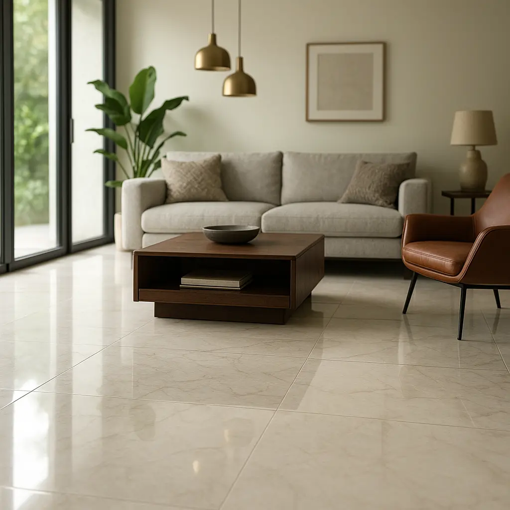 Intérieur moderne avec carrelage effet marbre brillant, lumière naturelle, ambiance élégante, contrastant raffinement et aspect pratique.