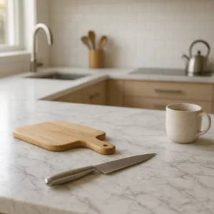 Cuisine moderne lumineuse avec plan de travail en marbre élégant, détails de veinage visibles, ambiance raffinée et contraste subtil entre beauté et usage.