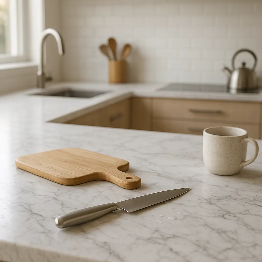 Cuisine moderne lumineuse avec plan de travail en marbre élégant, détails de veinage visibles, ambiance raffinée et contraste subtil entre beauté et usage.