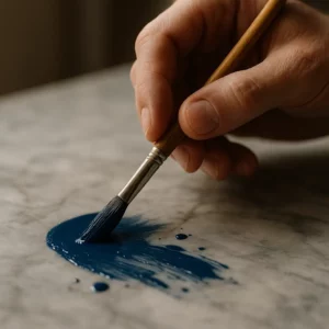 Gros plan réaliste d’une main appliquant de la peinture sur une surface en marbre, ambiance professionnelle, lumière naturelle, rendu net et élégant.