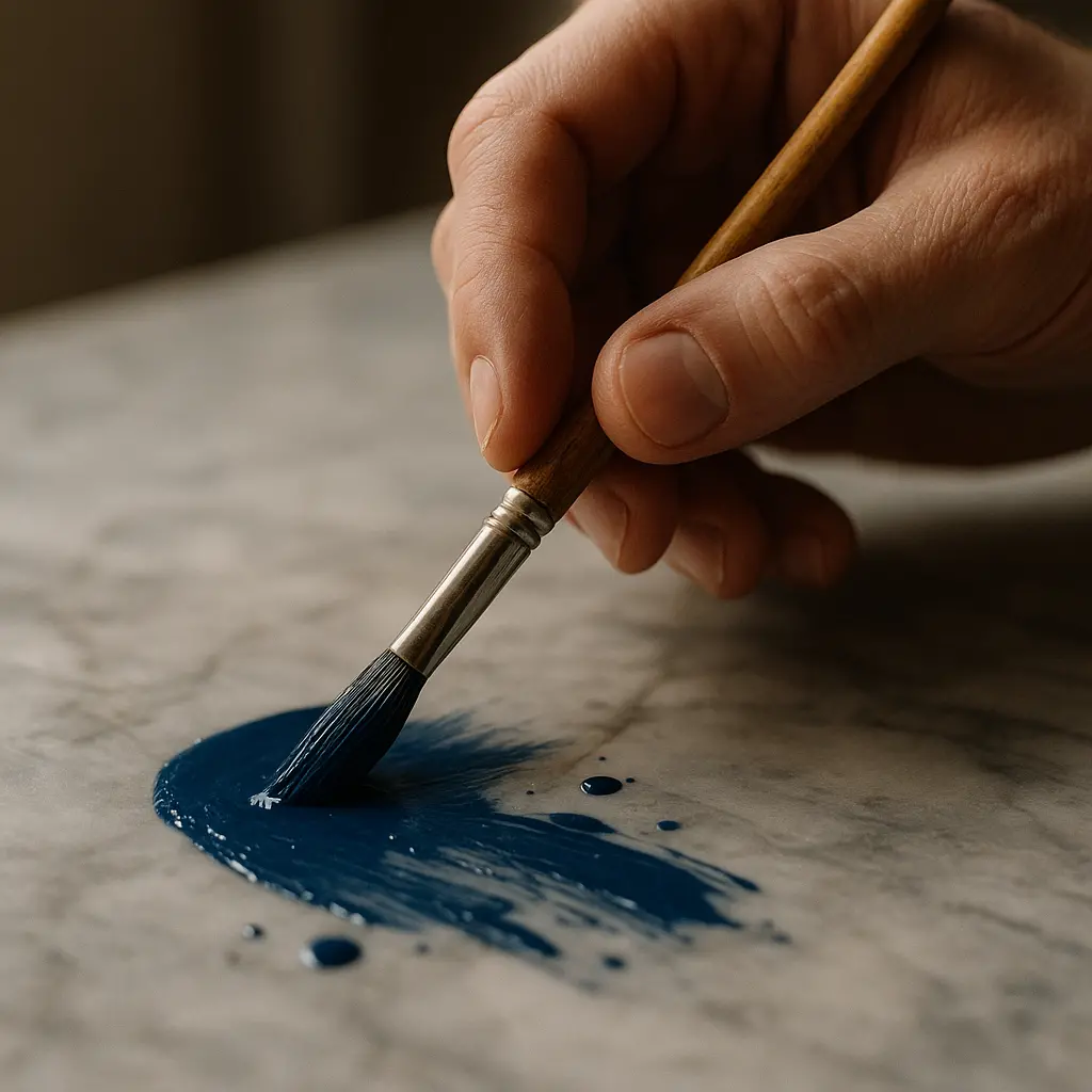 Gros plan réaliste d’une main appliquant de la peinture sur une surface en marbre, ambiance professionnelle, lumière naturelle, rendu net et élégant.