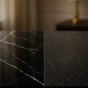 Surface en marbre noir veiné de blanc dans un intérieur élégant, moitié brillante et raffinée, moitié marquée et fragile, ambiance sobre et professionnelle