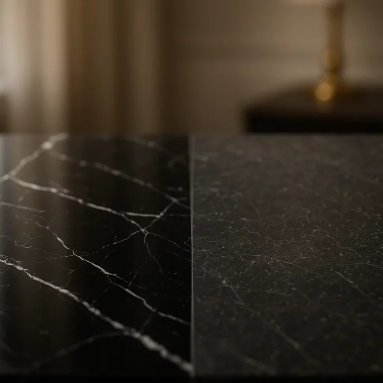 Surface en marbre noir veiné de blanc dans un intérieur élégant, moitié brillante et raffinée, moitié marquée et fragile, ambiance sobre et professionnelle