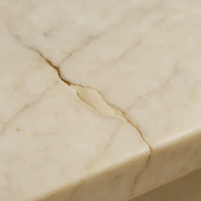 Gros plan réaliste d’un marbre ébréché restauré avec du mastic, lumière naturelle, ambiance professionnelle, fond sobre et élégant.