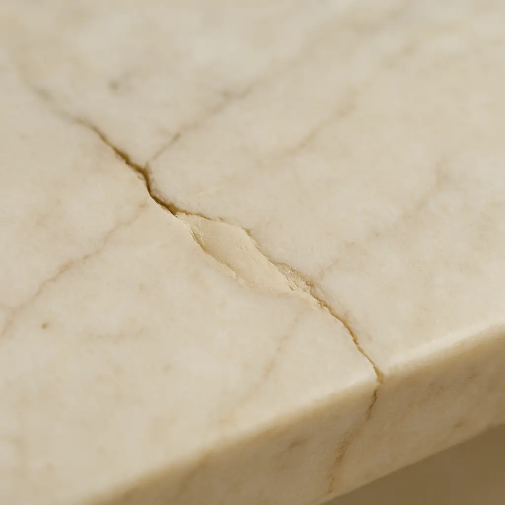 Gros plan réaliste d’un marbre ébréché restauré avec du mastic, lumière naturelle, ambiance professionnelle, fond sobre et élégant.