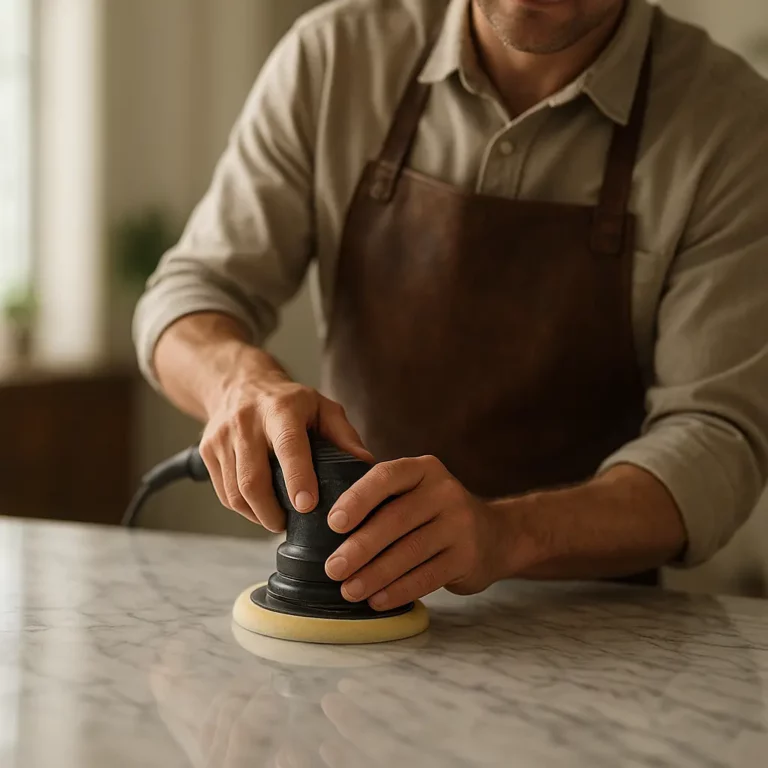 Artisan polissant une surface en marbre brillante dans un intérieur élégant, geste précis, lumière naturelle, rendu réaliste, ambiance professionnelle et soignée