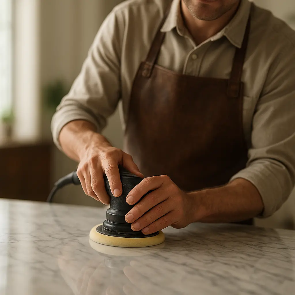 Artisan polissant une surface en marbre brillante dans un intérieur élégant, geste précis, lumière naturelle, rendu réaliste, ambiance professionnelle et soignée