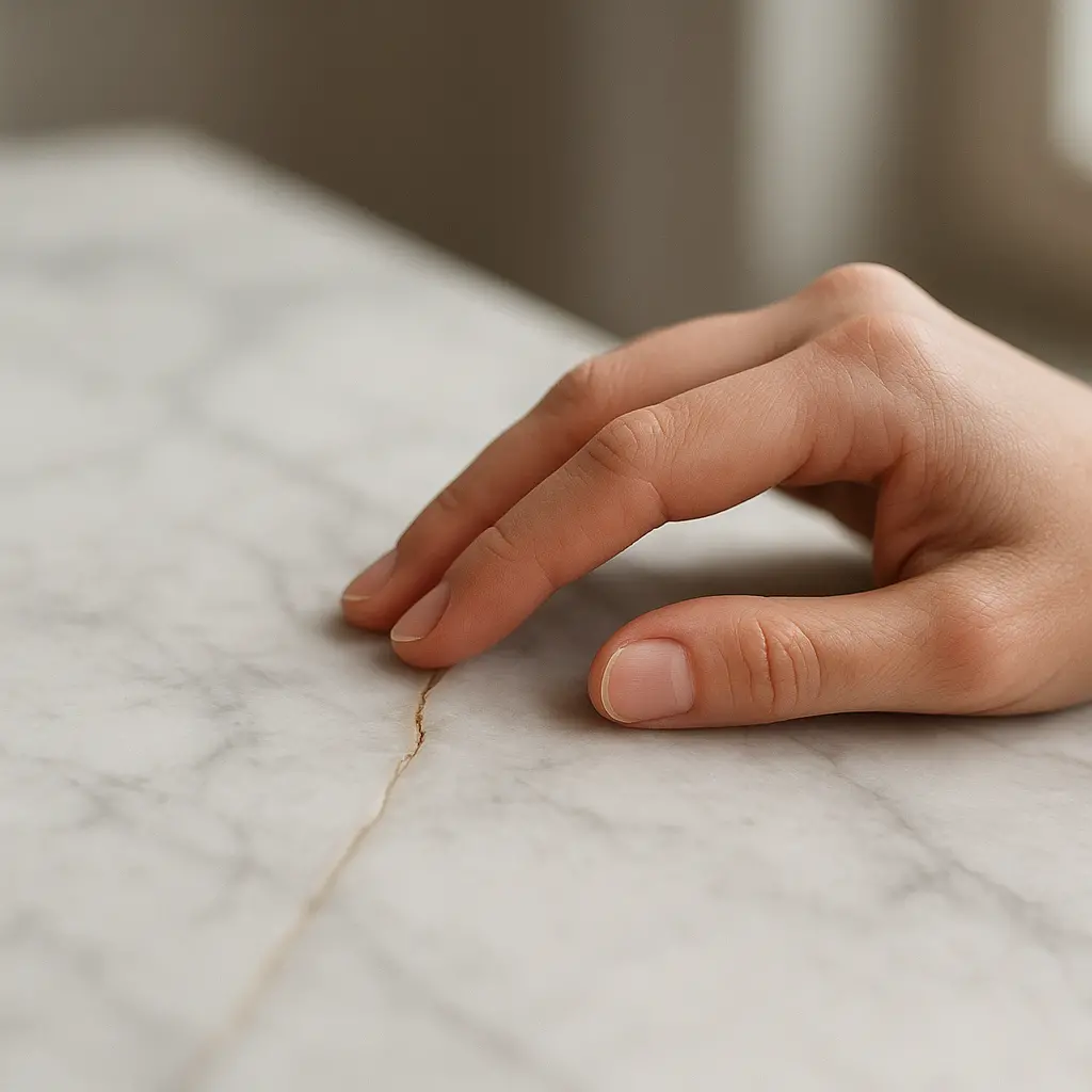Gros plan réaliste d’un marbre cassé réparé avec soin par une main, surface élégante, lumière naturelle, ambiance professionnelle.