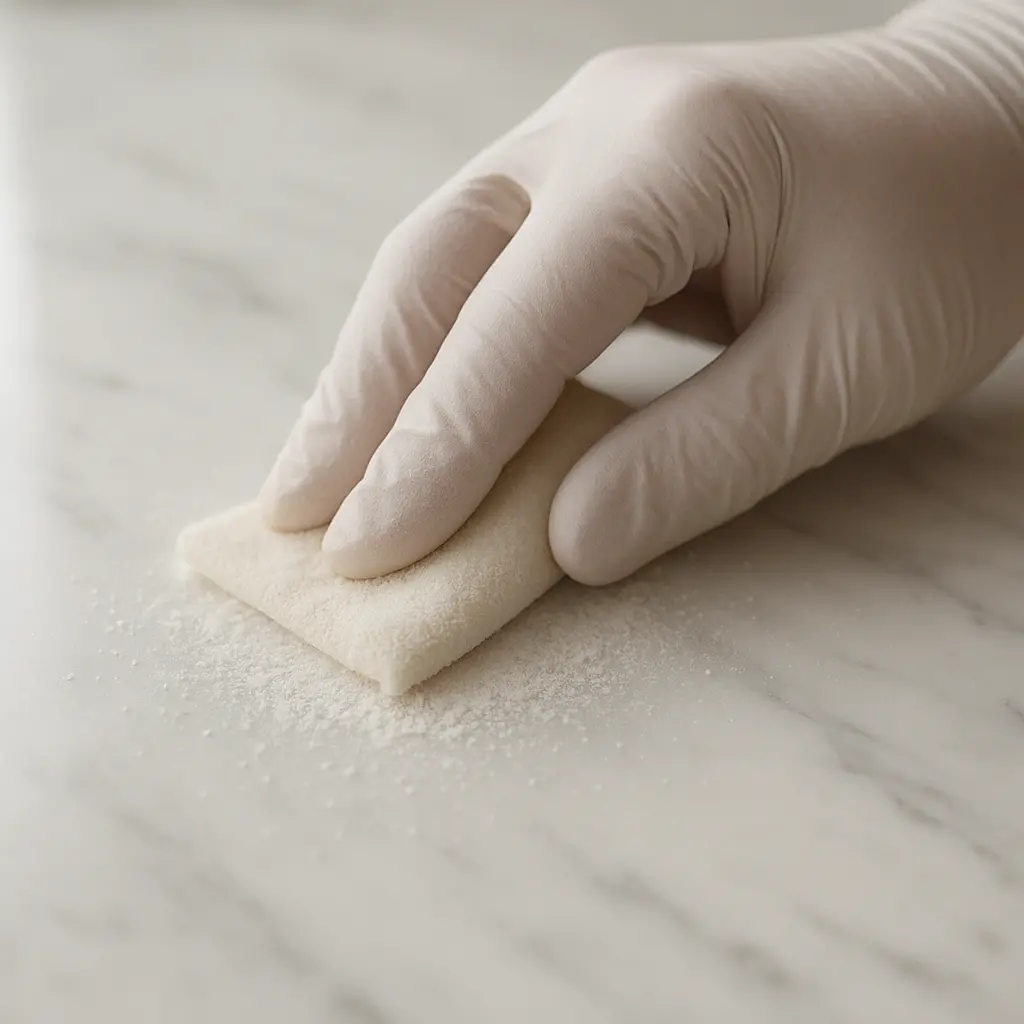 Main gantée appliquant une poudre à polir sur une surface en marbre blanche, ambiance lumineuse, rendu réaliste et professionnel.