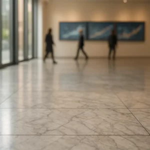 Salle d’exposition moderne avec dalles de marbre élégantes, ambiance premium, lumière naturelle, texture raffinée et discrète impression de marché en évolution.