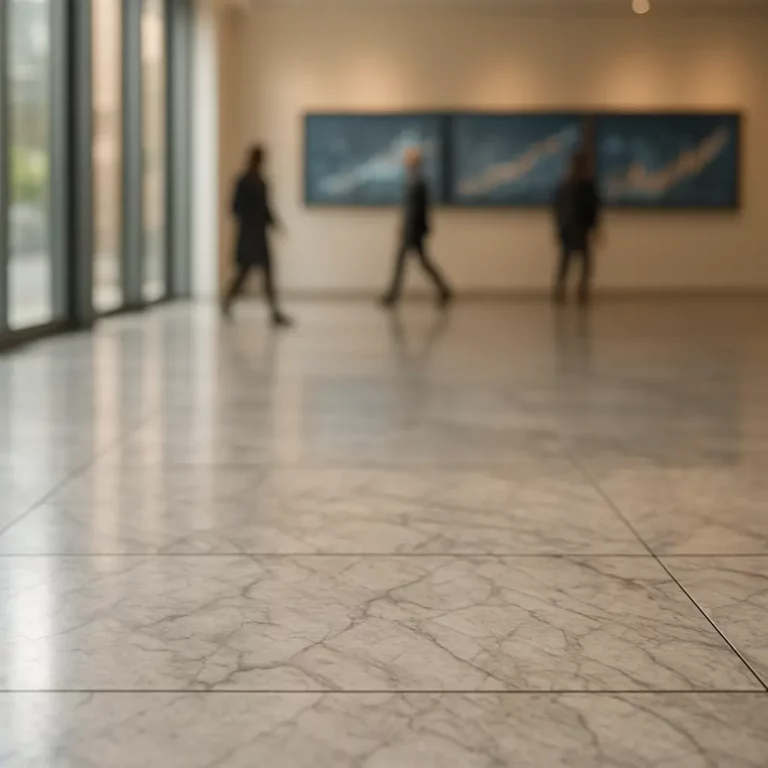 Salle d’exposition moderne avec dalles de marbre élégantes, ambiance premium, lumière naturelle, texture raffinée et discrète impression de marché en évolution.