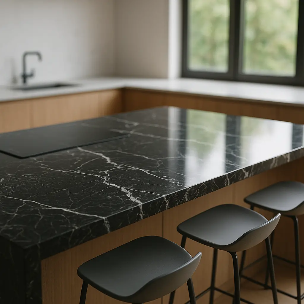 Modern black marble kitchen with white veining on a central island