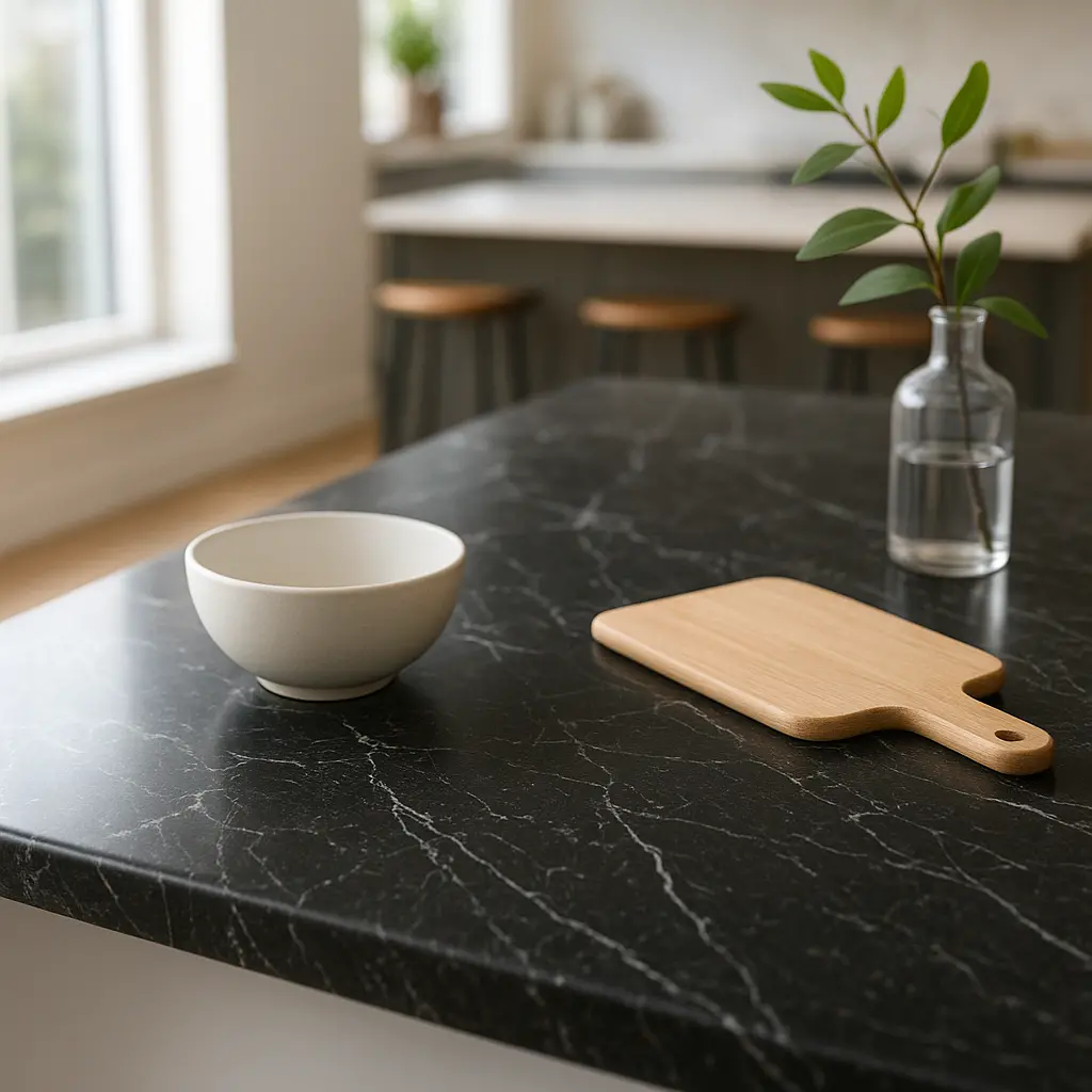 Elegant black marble countertop in a bright open-plan kitchen
