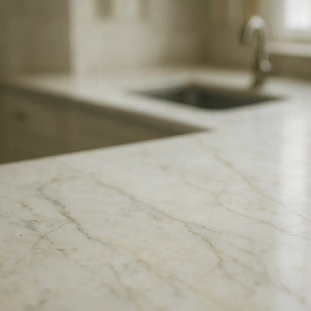 Close-up of a marble kitchen worktop showing natural veining and subtle wear