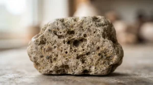 gros plan réaliste d’une pierre naturelle poreuse avec des taches visibles, lumière douce, fond épuré, rendu professionnel