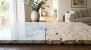 Deux surfaces en pierre naturelle, marbre poli et travertin texturé, côte à côte dans un intérieur lumineux et élégant.