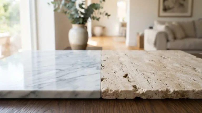 Deux surfaces en pierre naturelle, marbre poli et travertin texturé, côte à côte dans un intérieur lumineux et élégant.