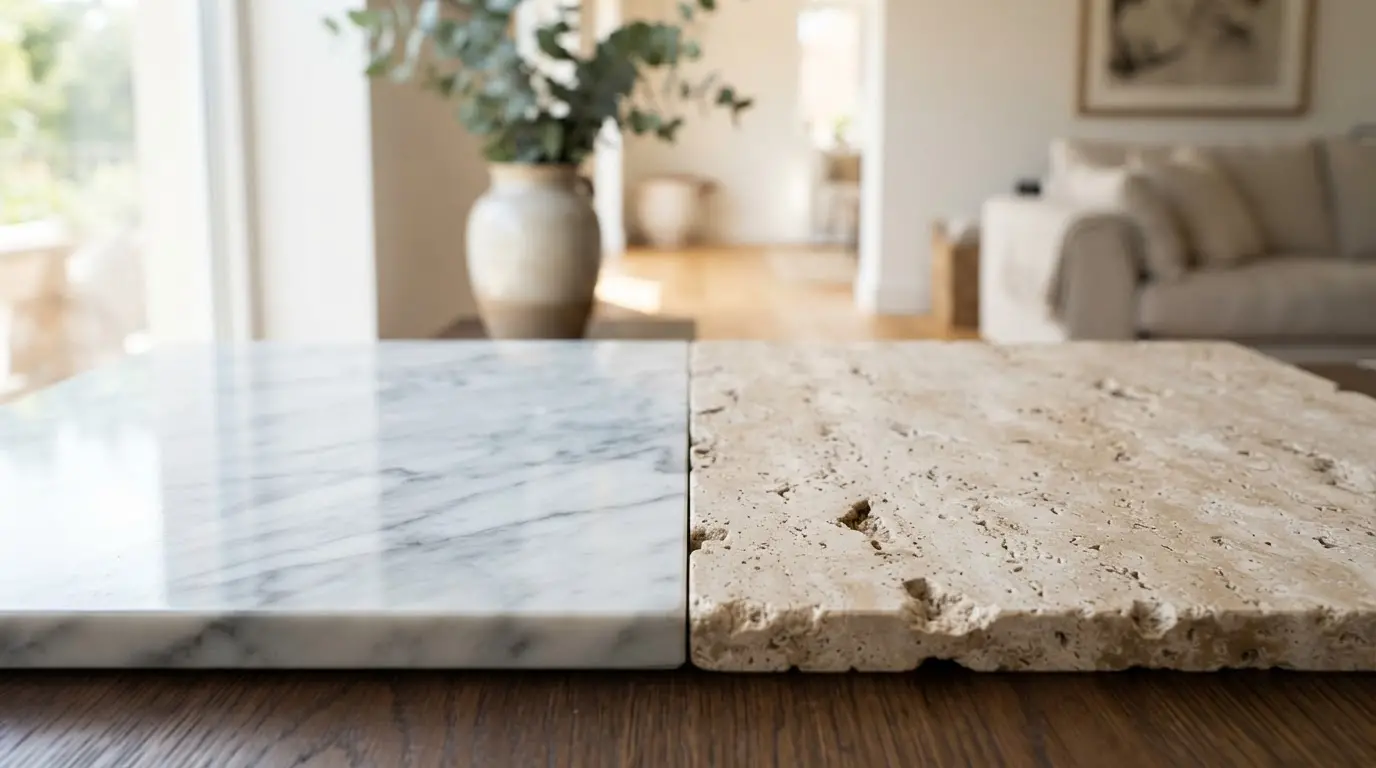 Deux surfaces en pierre naturelle, marbre poli et travertin texturé, côte à côte dans un intérieur lumineux et élégant.