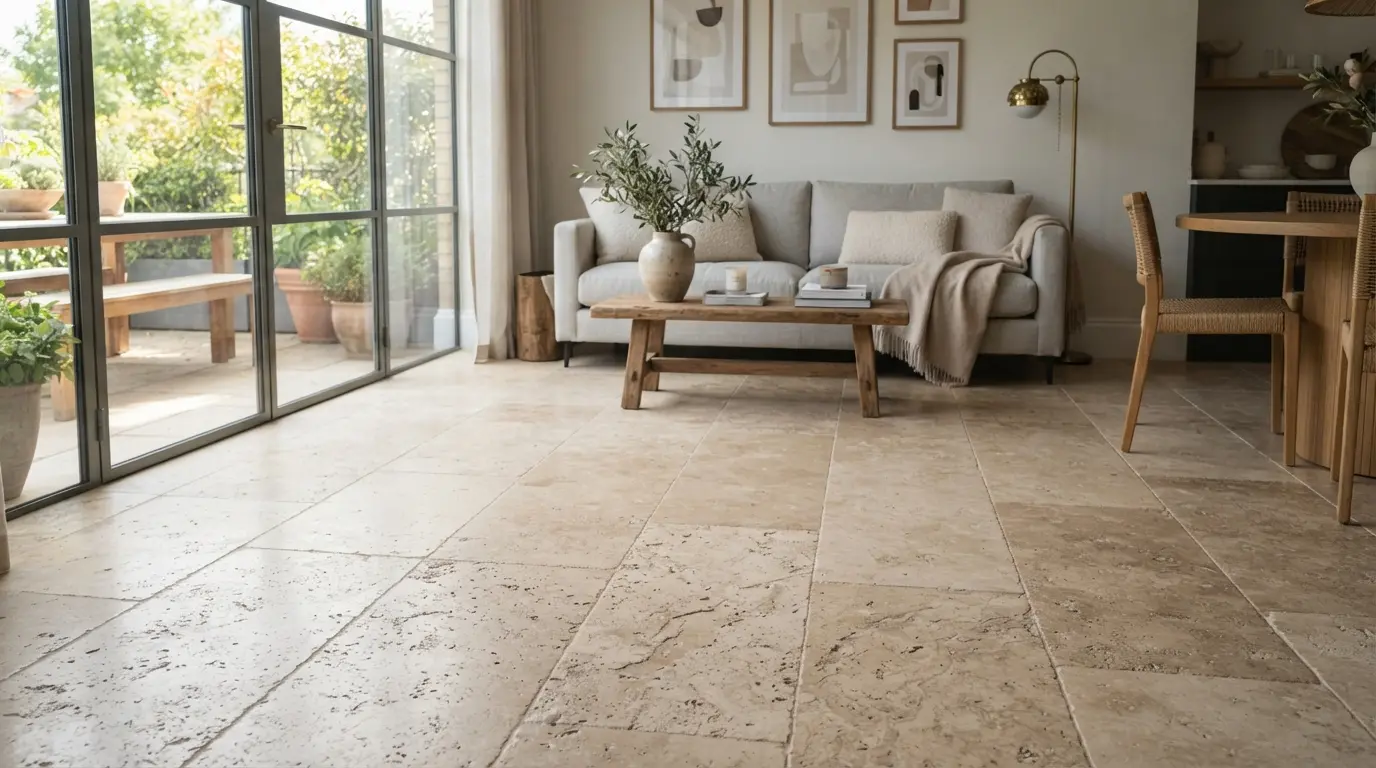 Intérieur lumineux avec sol en pierre travertin beige, texture naturelle visible, ambiance élégante et épurée, rendu réaliste et professionnel.
