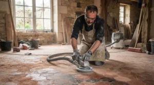 Intérieur de rénovation avec tomettes anciennes en cours de ponçage, lumière naturelle, artisan concentré, ambiance authentique et professionnelle.