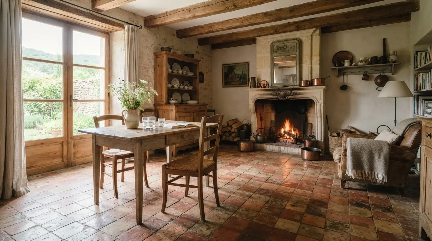 Intérieur ancien lumineux avec tomettes en terre cuite au sol, détails authentiques, ambiance chaleureuse, style réaliste et professionnel.