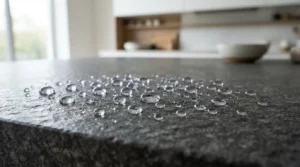 Gouttes d'eau perlées sur une surface en pierre naturelle propre, protection visible, lumière douce, ambiance professionnelle, style réaliste et soigné.