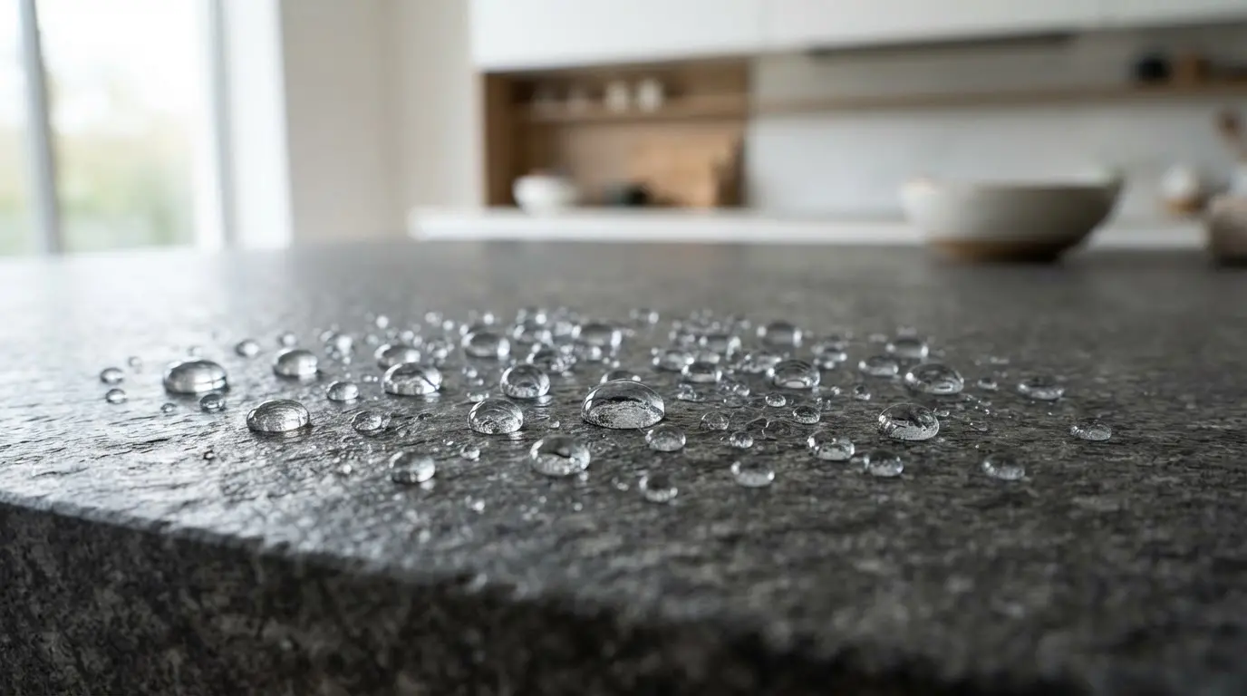 Gouttes d'eau perlées sur une surface en pierre naturelle propre, protection visible, lumière douce, ambiance professionnelle, style réaliste et soigné.