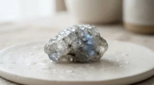 Gros plan réaliste d’une pierre naturelle protégée par l’eau, avec gouttes perlantes sur une surface propre et élégante, ambiance professionnelle.