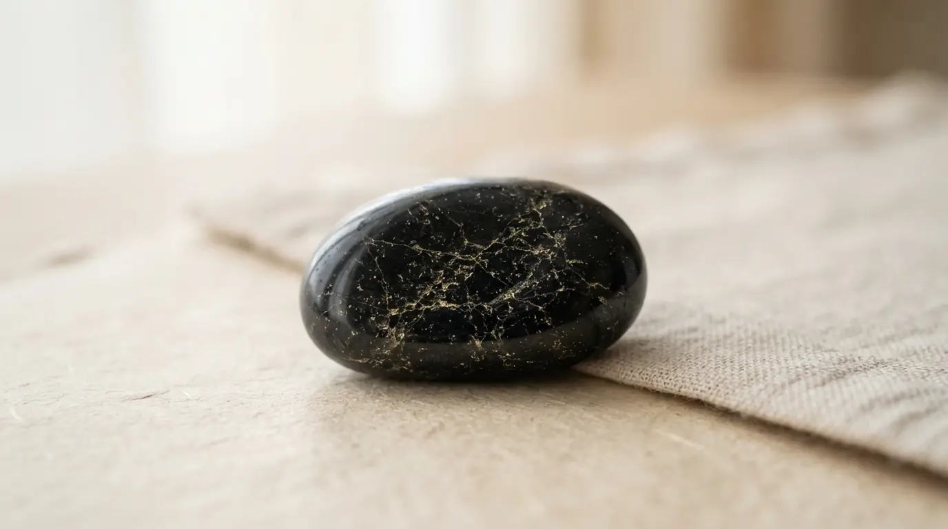 Gros plan élégant d’une pierre noire polie aux fines inclusions dorées, mise en scène minimaliste, ambiance luxueuse et naturelle.