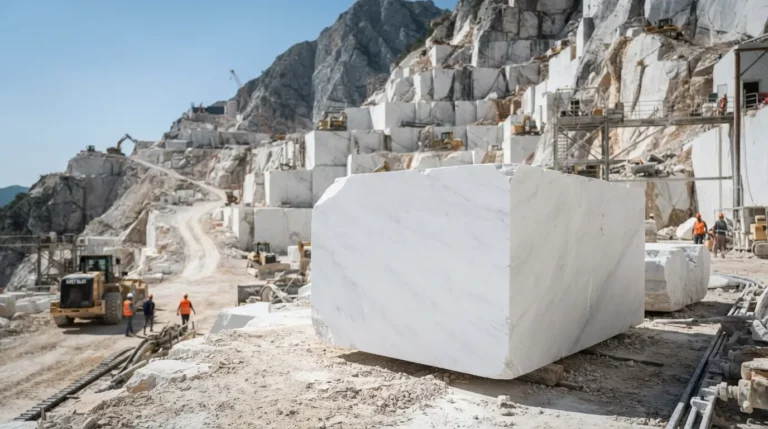 Bloc de marbre blanc élégant dans une carrière lumineuse, texture raffinée, ambiance naturelle, style réaliste et professionnel.