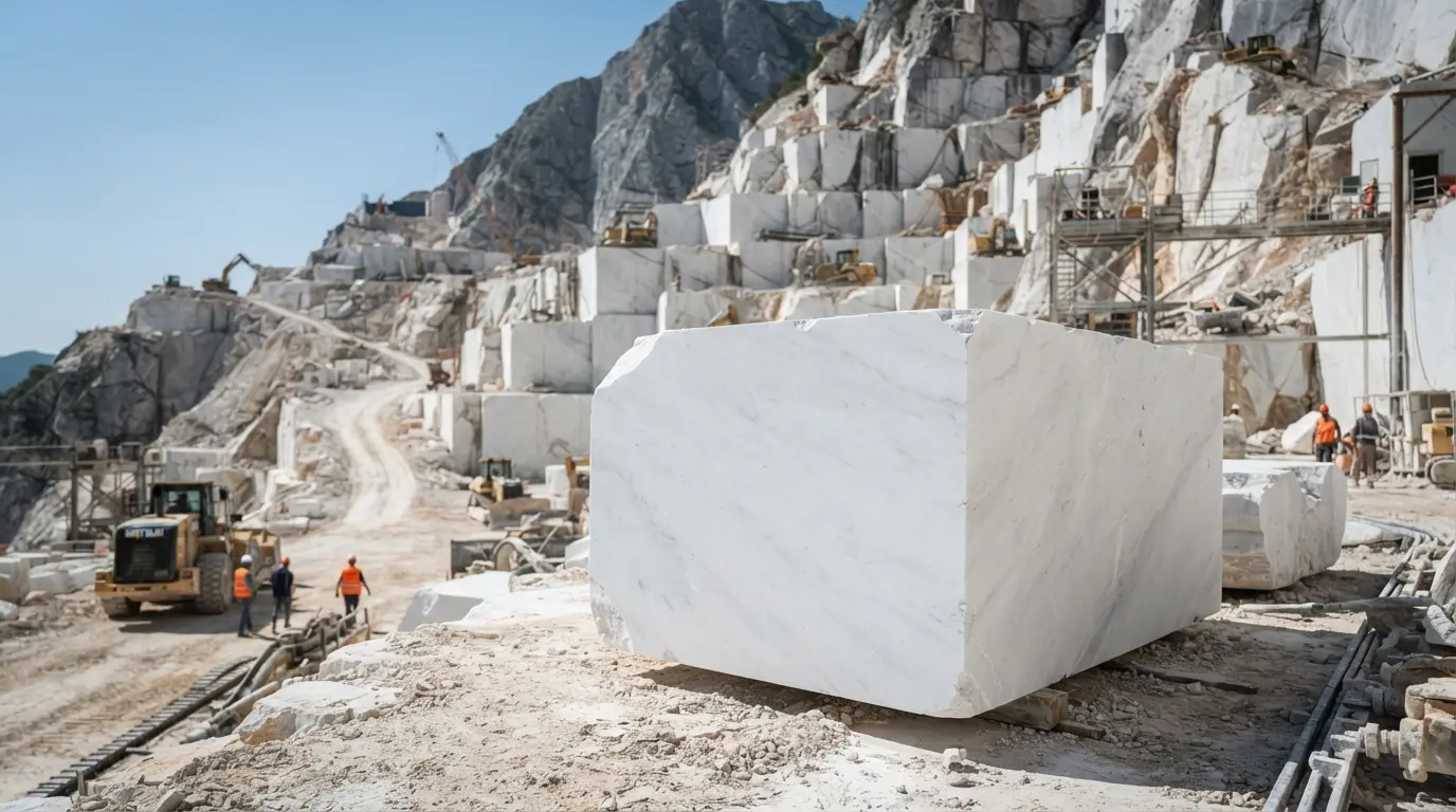 Bloc de marbre blanc élégant dans une carrière lumineuse, texture raffinée, ambiance naturelle, style réaliste et professionnel.