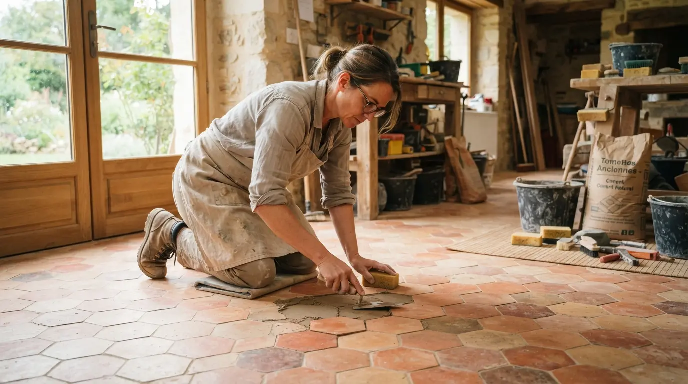Intérieur lumineux avec un sol en tomettes rénové, artisan en action, ambiance soignée, matériaux naturels, rendu réaliste et professionnel.