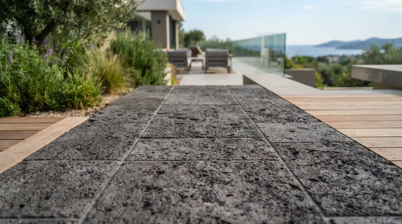 Gros plan réaliste de pierre volcanique sombre en dallage, intégrée à une terrasse moderne élégante, ambiance naturelle et professionnelle.