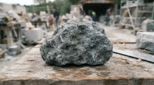 Gros plan d’une pierre calcaire bleue belge texturée, posée sur une table de chantier, lumière naturelle, rendu réaliste et professionnel.