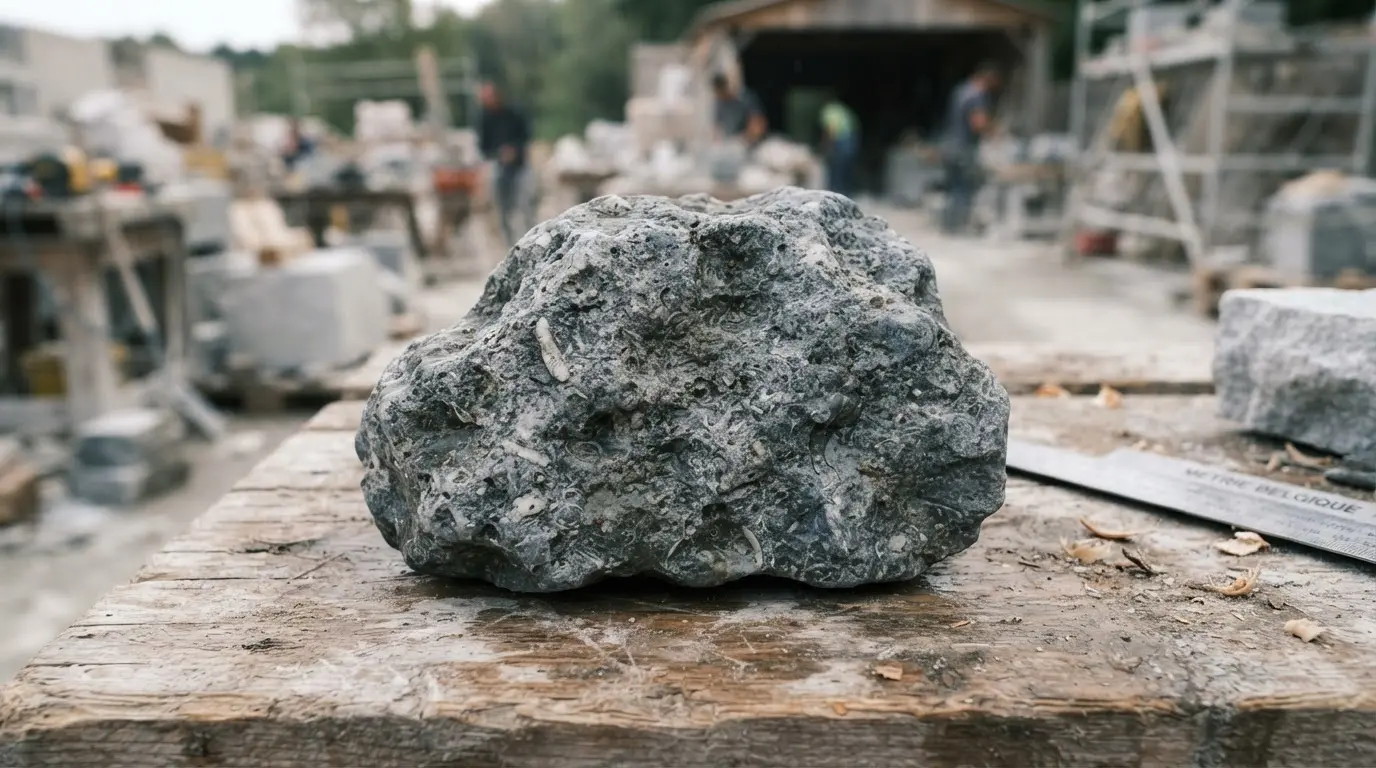 Gros plan d’une pierre calcaire bleue belge texturée, posée sur une table de chantier, lumière naturelle, rendu réaliste et professionnel.